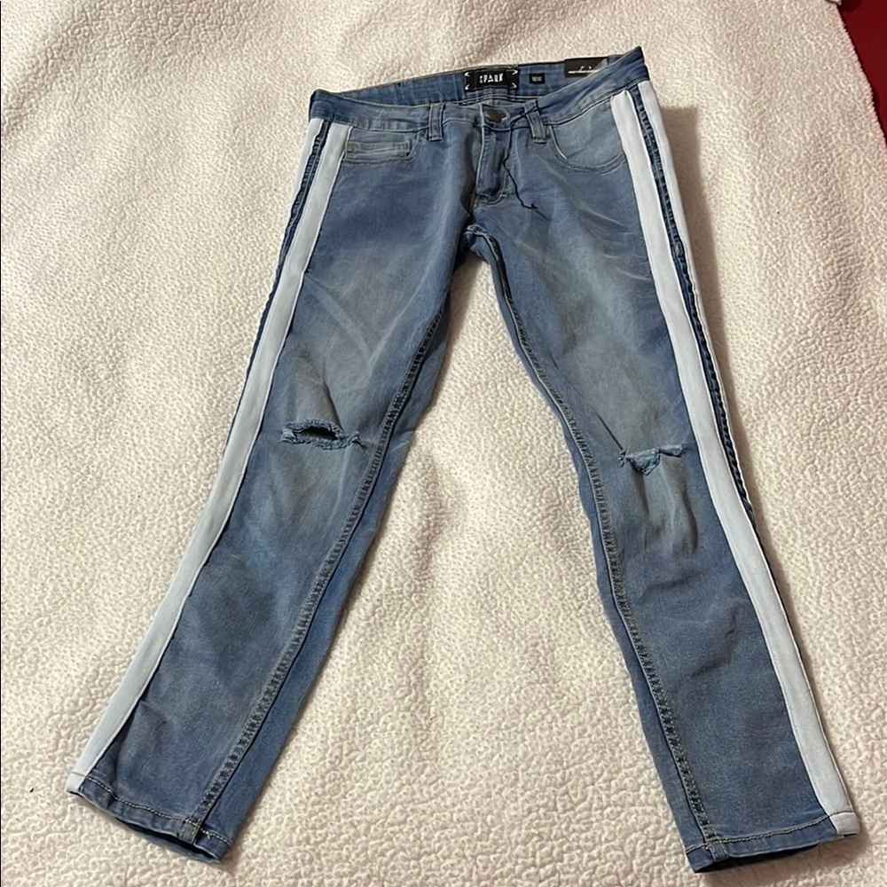 Blue Skinny Jeans with White Stripes